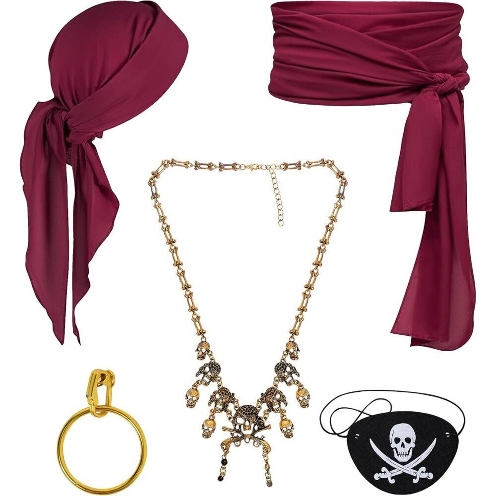 Pirate Costume Accessories Set 5 Pieces Head Scarf Sash Necklace Eye Patch